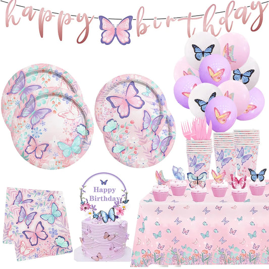 Butterfly Birthday Party Tablecloth Napkin Banner Plate Butterfly Balloons for Kids Girl Birthday Party Decoration Gift Supplies